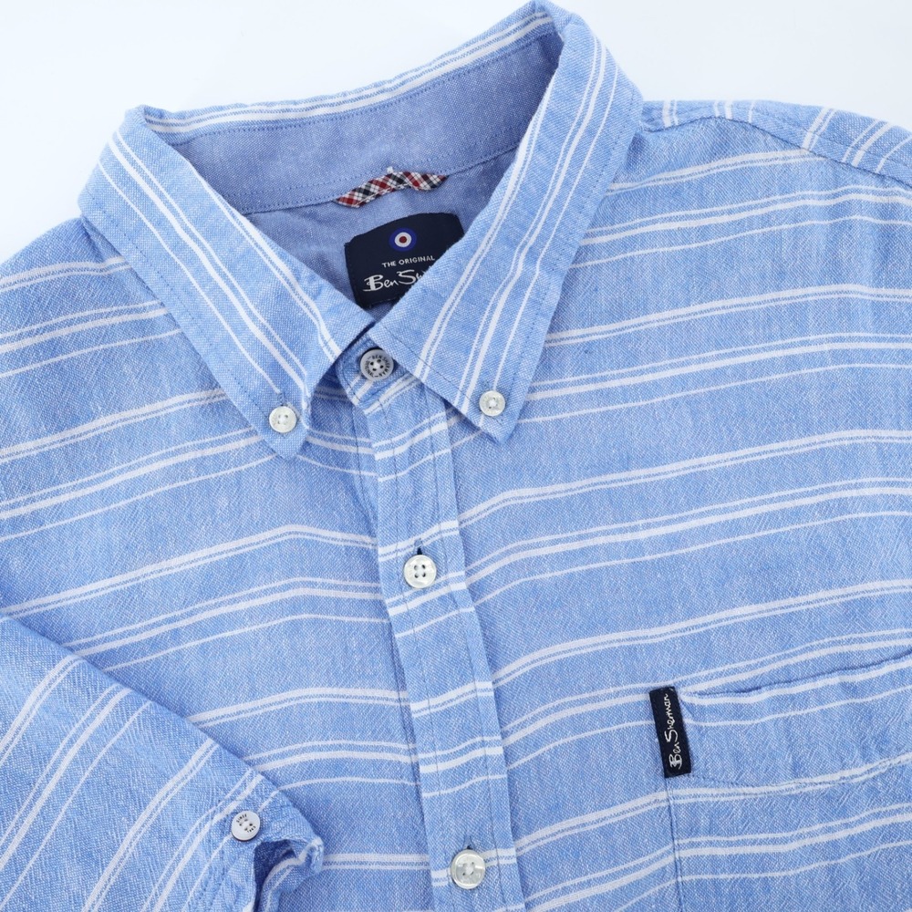 Ben Sherman Linen Blend Mens Blue White Stripe Short Sleeve Button Down Shirt XL